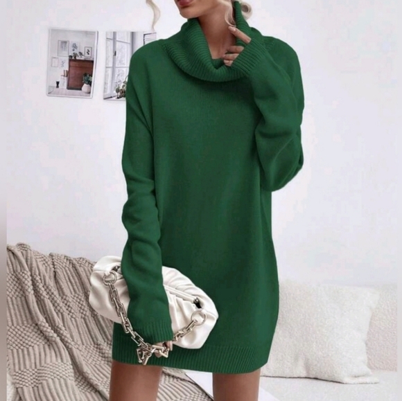 New Gorgeous Cowl Neck Knit Sweater Tunic Dress Dark Green - Picture 3 of 8